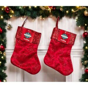 2 New Snowflake Christmas Stocking Small Red Tulle Glitter Gift Card Holder 7.5"